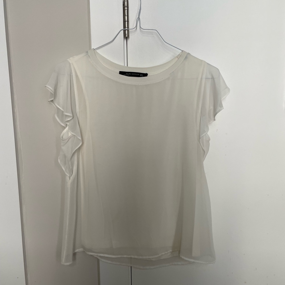 Zara White Ruffle Sleeve Top, S